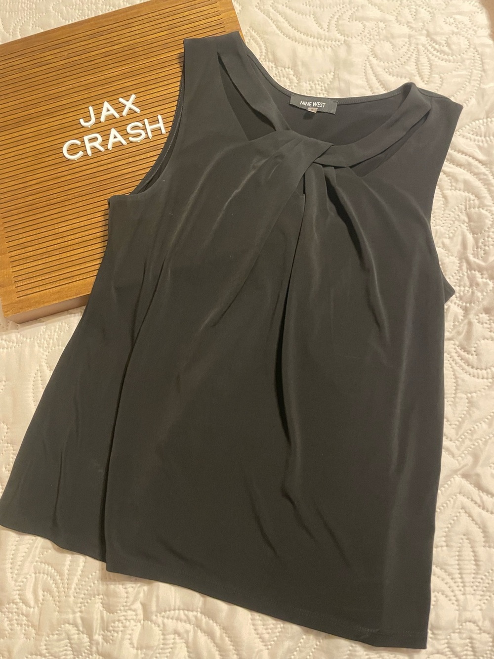 Nine West Dark Gray Pleated Neck Sleeveless Shell Top